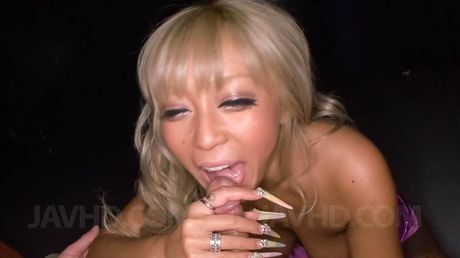 Rina Aina Asian in mauve outfit licks and rides shlong like a pro